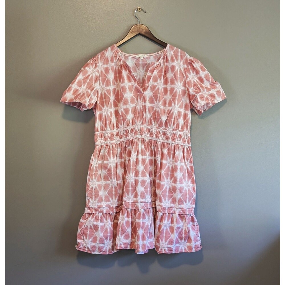 Kate & Sam XL Summer Tie Dye Dress V Neck Smocked Waist Coral Pink Boho Midi